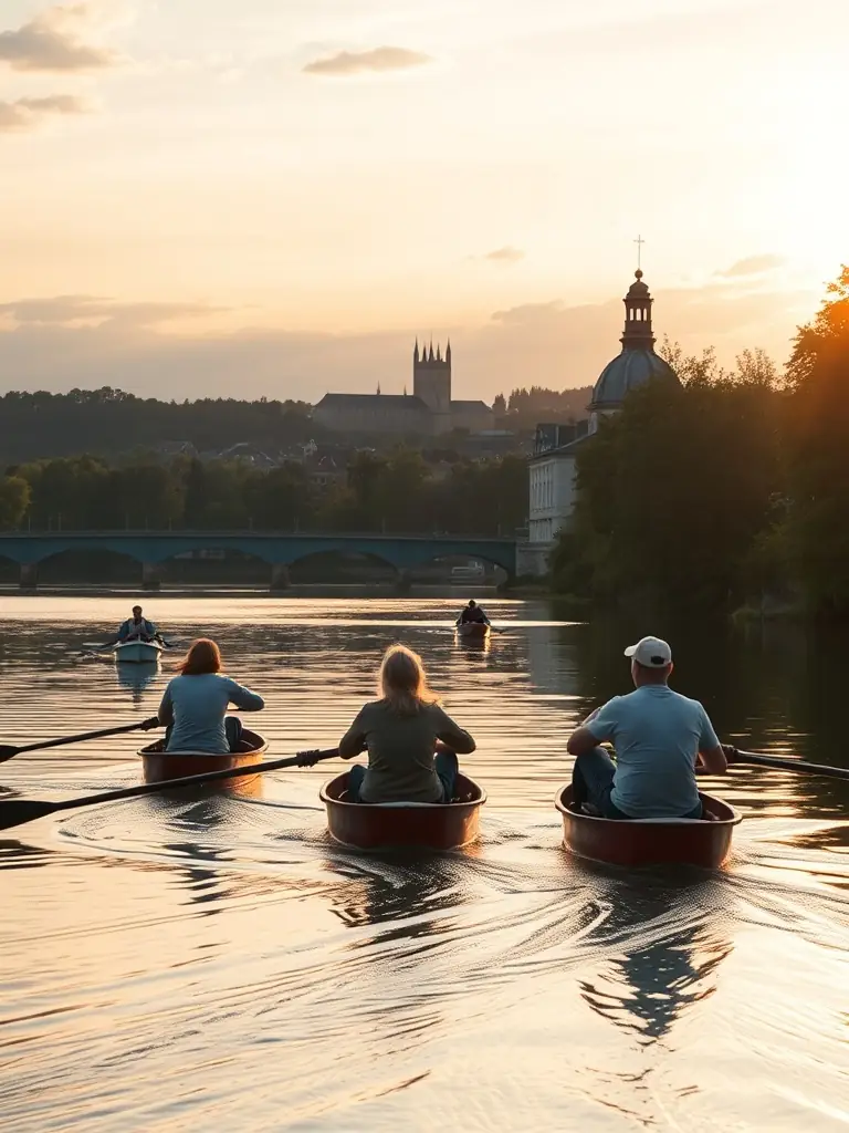 A scenic shot of a group of adults rowing on the Cher river, with the historic city of Bourges in the background, highlighting the beauty of the local environment.