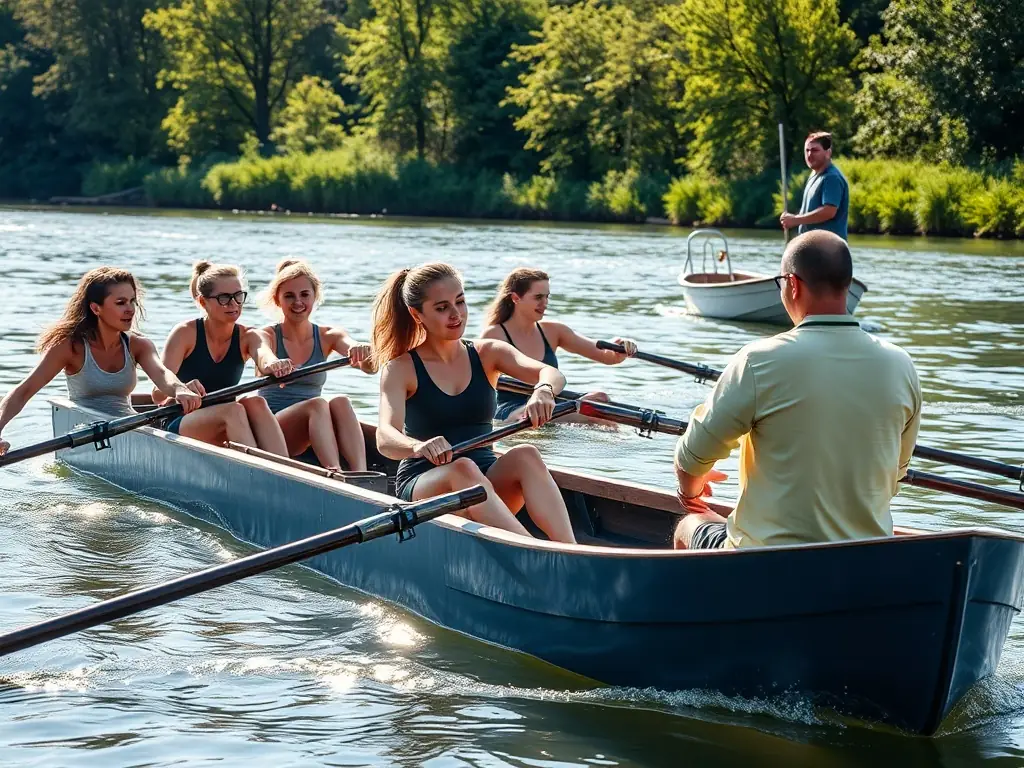 A group of young adults participating in a rowing lesson on the Cher river, with a coach providing guidance from a nearby boat. The scene captures the energy and teamwork involved in learning to row.