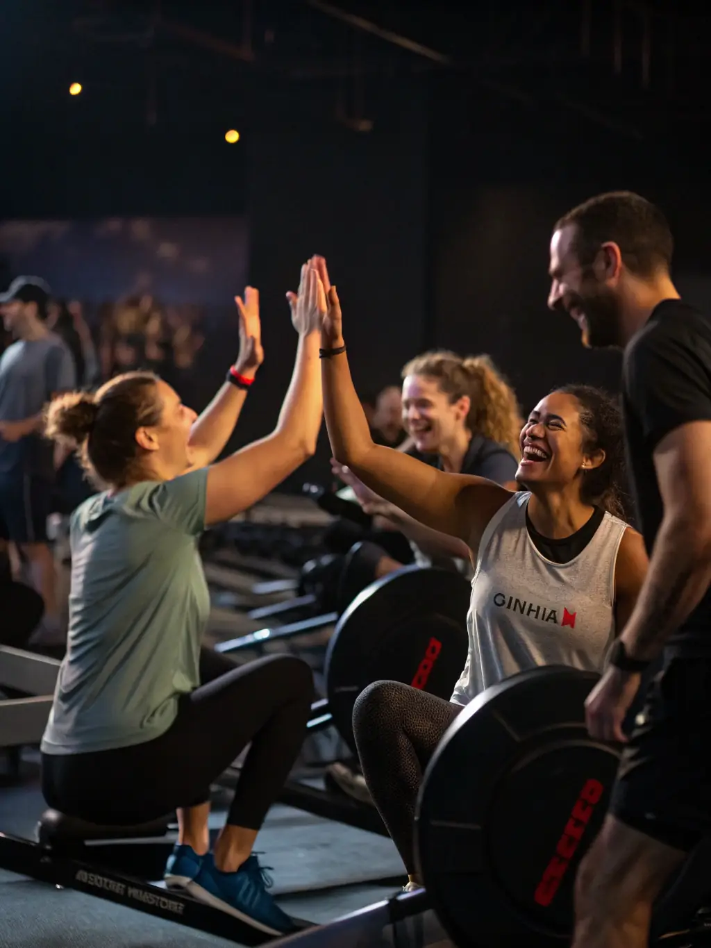 A group of children learning to row in a safe, indoor rowing facility, with an instructor guiding them. The scene is brightly lit and encouraging, emphasizing youth development.